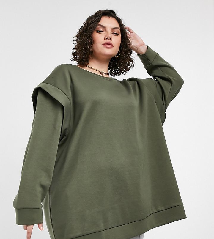 Only Curve Long Line Sweat Top With Shoulder Detail In Khaki-green