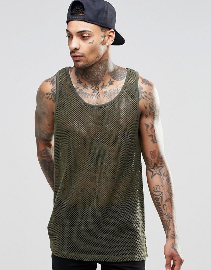 Asos Mesh Longline Vest In Khaki - Khaki