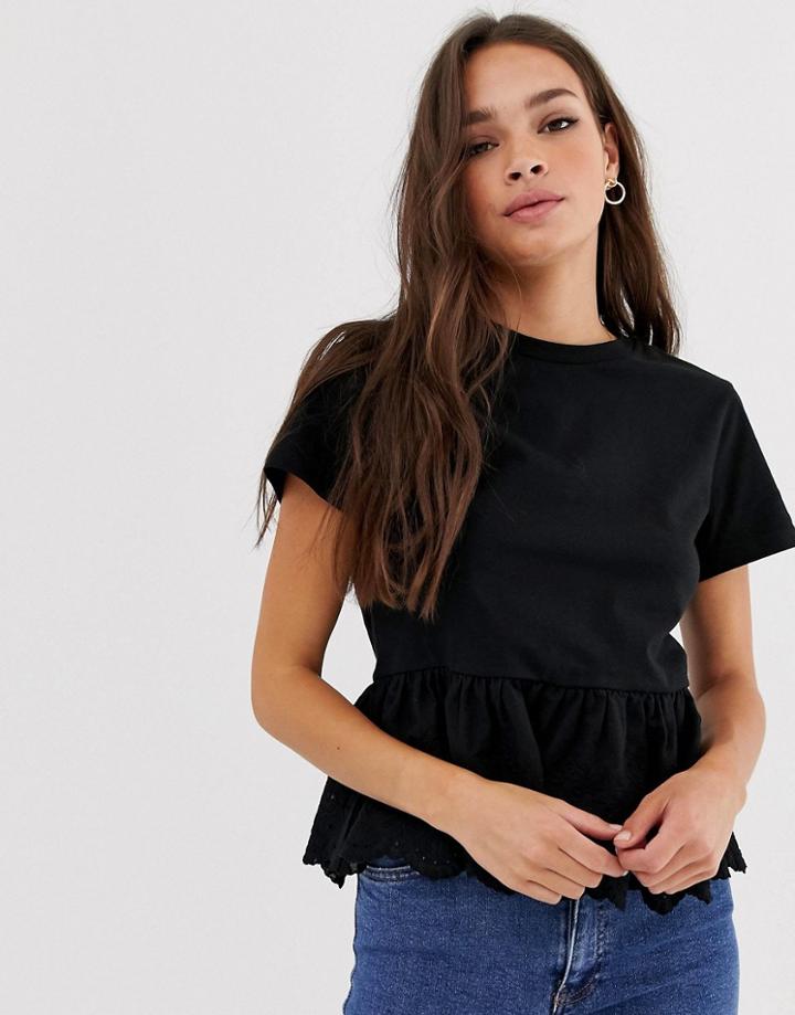 Asos Design Smock Top With Broidery Hem-black