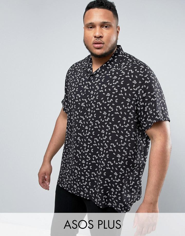 Asos Plus Regular Fit Viscose Shirt With Fan Print - Black