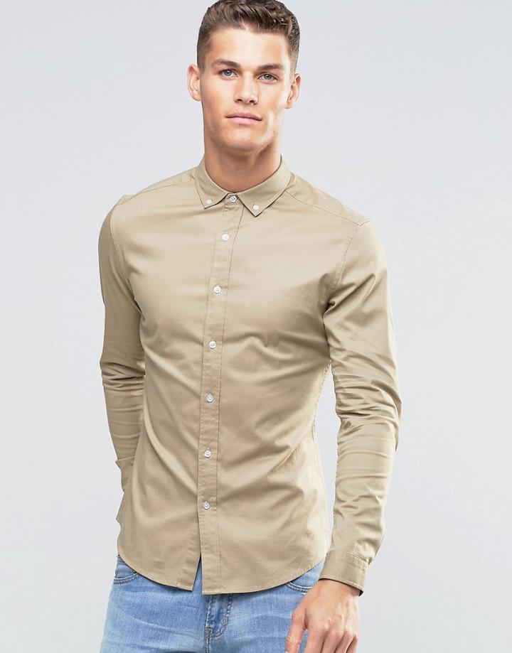 Asos Skinny Twill Shirt In Stone With Long Sleeves - Stone