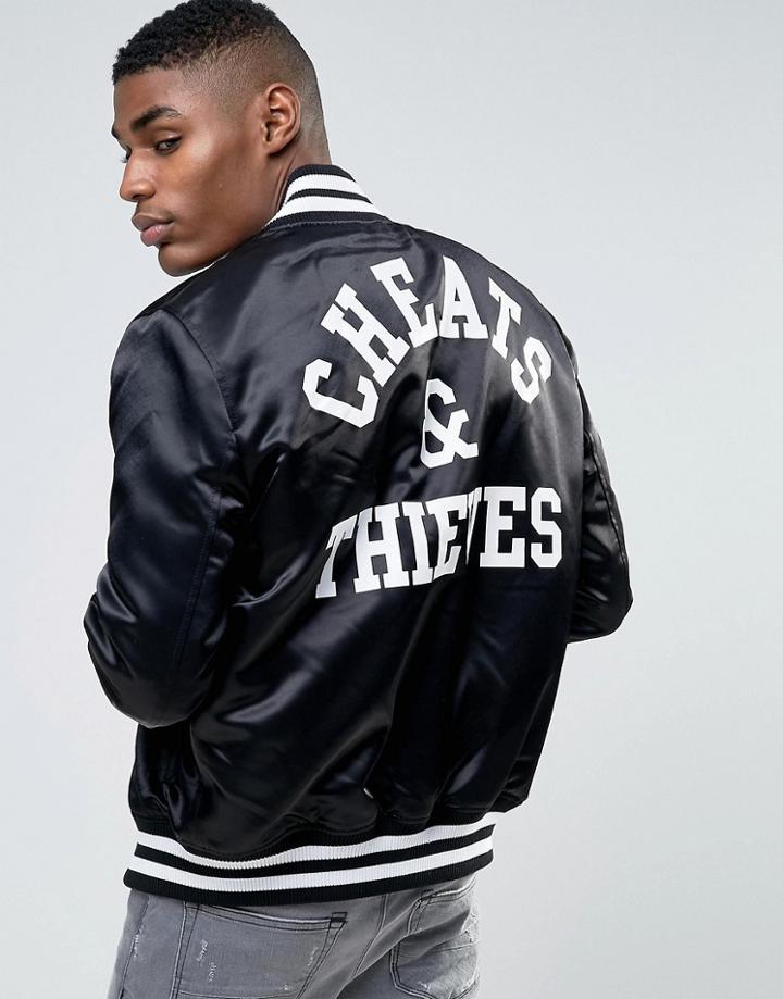 Cheats & Thieves Always Prosper Satin Bomber Varsity Jacket - Black