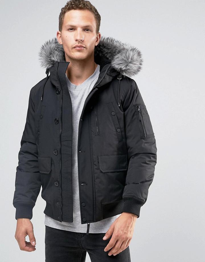 Celio Short Parka With Faux Fur Trim - Black