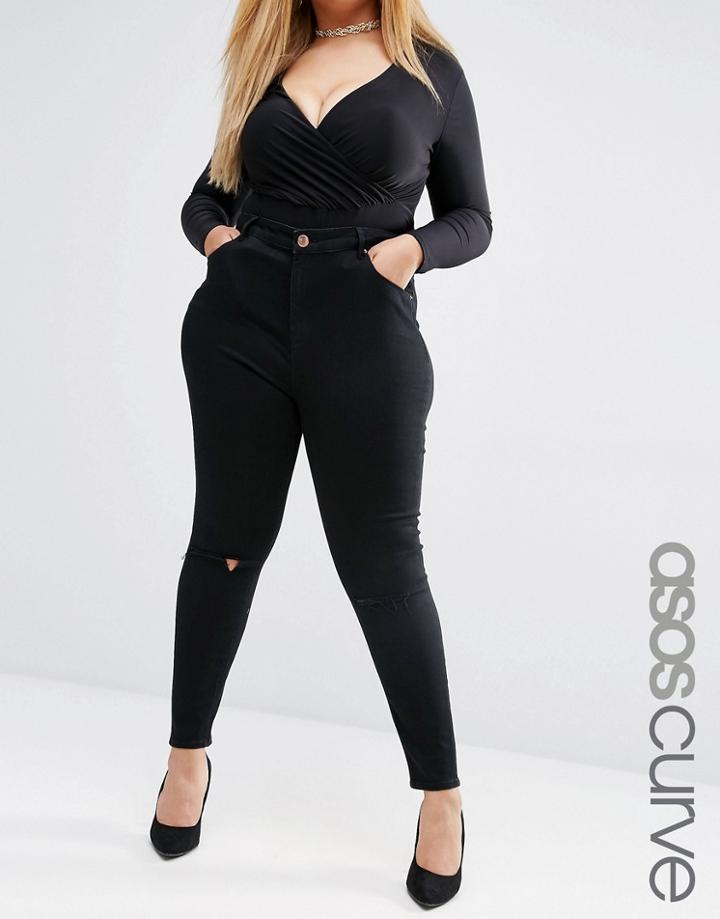 Asos Curve High Waist Ridley Skinny Jean In Clean Black With Rose Gold Trims & Rips - Black