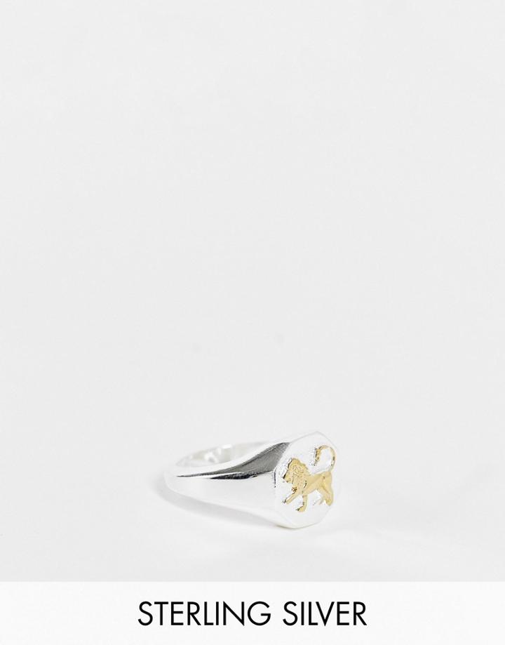 Asos Design Sterling Silver Signet Ring With Lion Design In Silver