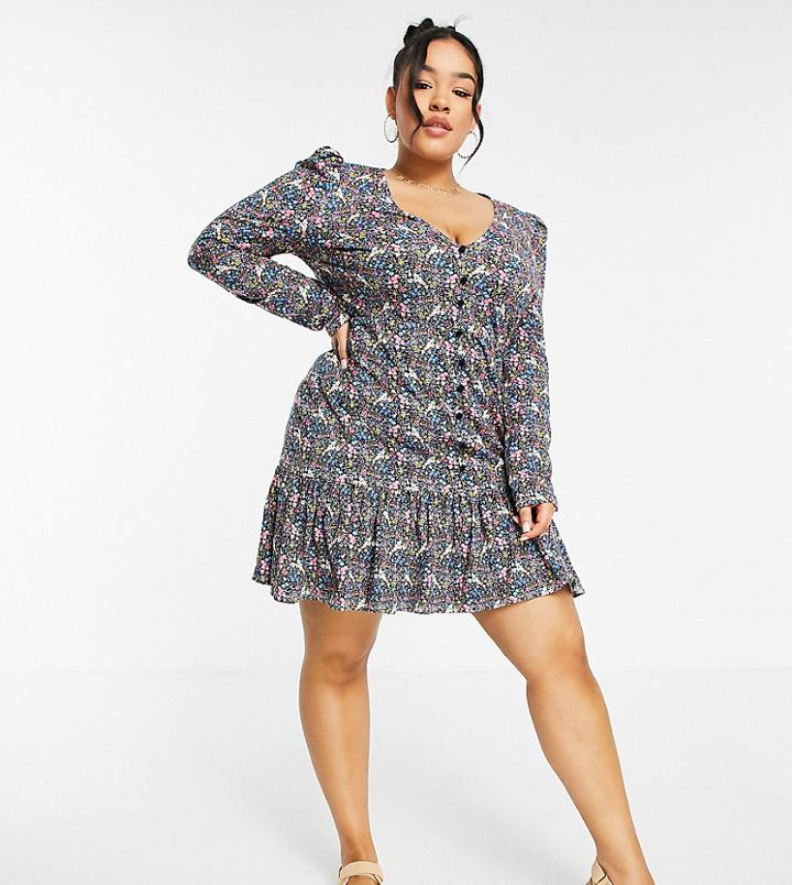 Asos Design Curve Button Through Long Sleeve Tea Dress With Frill Hem In Blue And Pink Floral-blues
