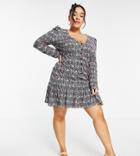 Asos Design Curve Button Through Long Sleeve Tea Dress With Frill Hem In Blue And Pink Floral-blues