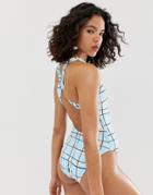 Asos White Check Cross Back Swimsuit - Blue