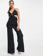 Asos Design Glam Strappy Cut Out Satin Frill Jumpsuit In Black