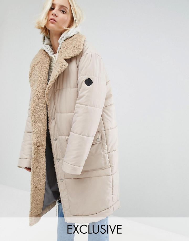 Puffa Oversized Maxi Bomber Jacket With Faux Shearling Shawl Collar - Tan