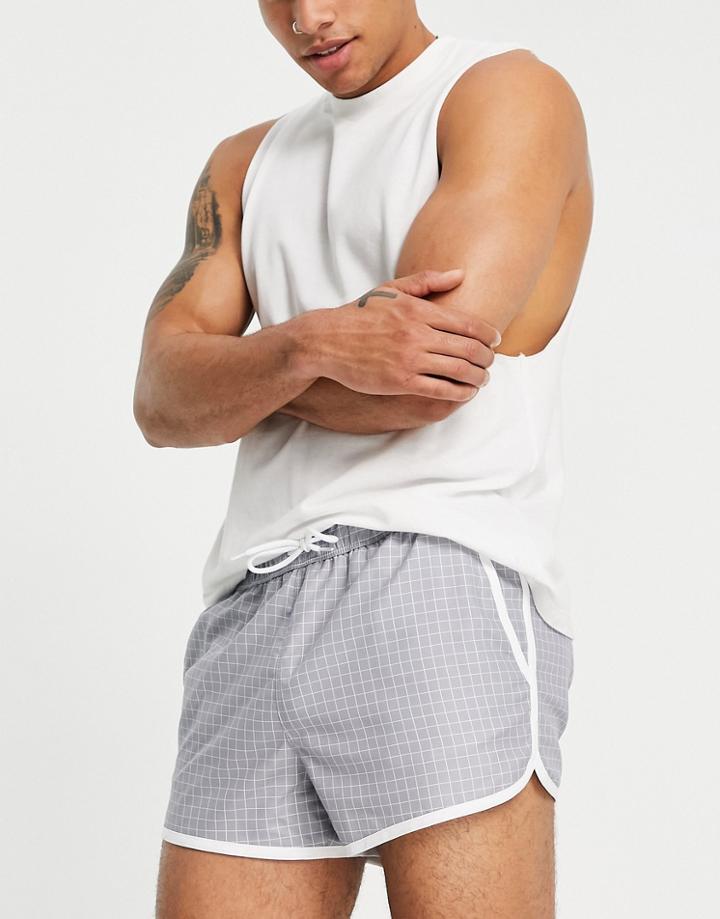 Asos Design Runner Swim Shorts In Grid Check-green