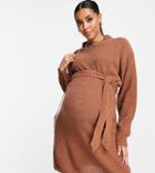 Glamorous Bloom Long Sleeve Mini Sweater Dress With Tie Waist In Brown