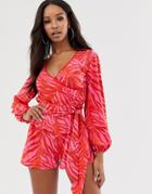 Asos Design Wrap Tie Front Long Sleeve Romper In Bright Zebra Animal Print-multi