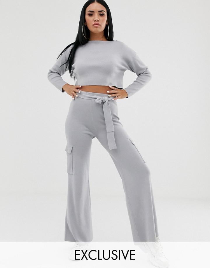 Missguided Two-piece Knitted Wide Leg Pants In Gray-grey