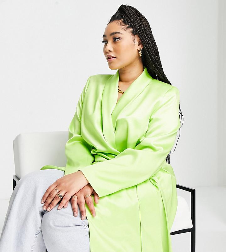 River Island Plus Satin Belted Drapey Blazer In Lime - Part Of A Set-yellow