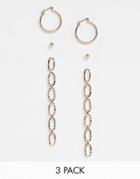 Asos Design Pack Of 3 Earrings With Etched Hoops And Hammered Chain Drops In Gold Tone - Gold