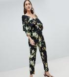 Asos Design Tall Jumpsuit With Kimono Sleeve And Peg Leg In Lily Print-black