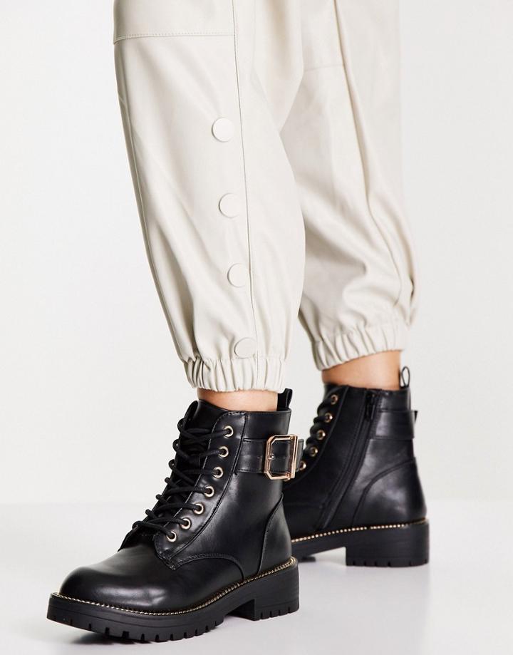 New Look Buckle Detail Lace Up Boot In Black