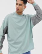 Asos Design Oversized Long Sleeve T-shirt With Woven Check Color Block Panels On Sleeves-blue