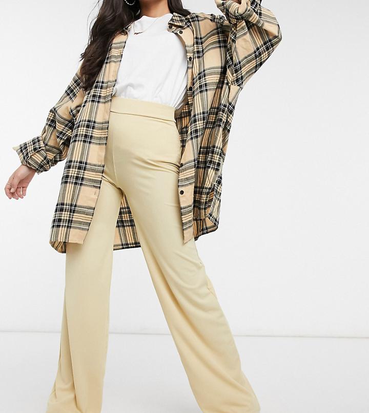 Missguided Petite Ribbed Wide Leg Pants In Beige-neutral