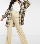 Missguided Petite Ribbed Wide Leg Pants In Beige-neutral