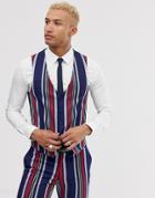 Lockstock Skinny Suit Vest In Bold Stripe - Navy