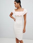 Vepser Frill Bardot Pencil Midi Dress - Pink