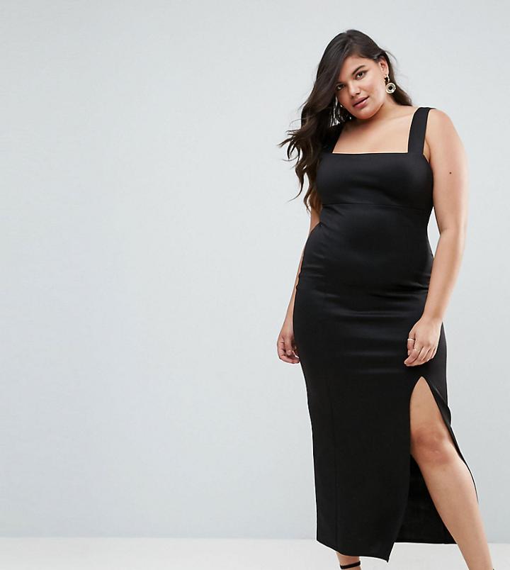 Asos Curve Square Neck Scuba Maxi Dress With Thigh Split - Black