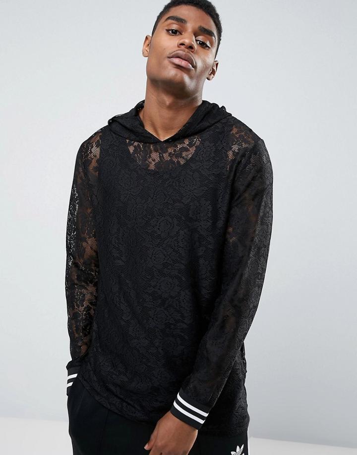 Asos Longline Lace Hoodie With Monochrome Tipping - Black