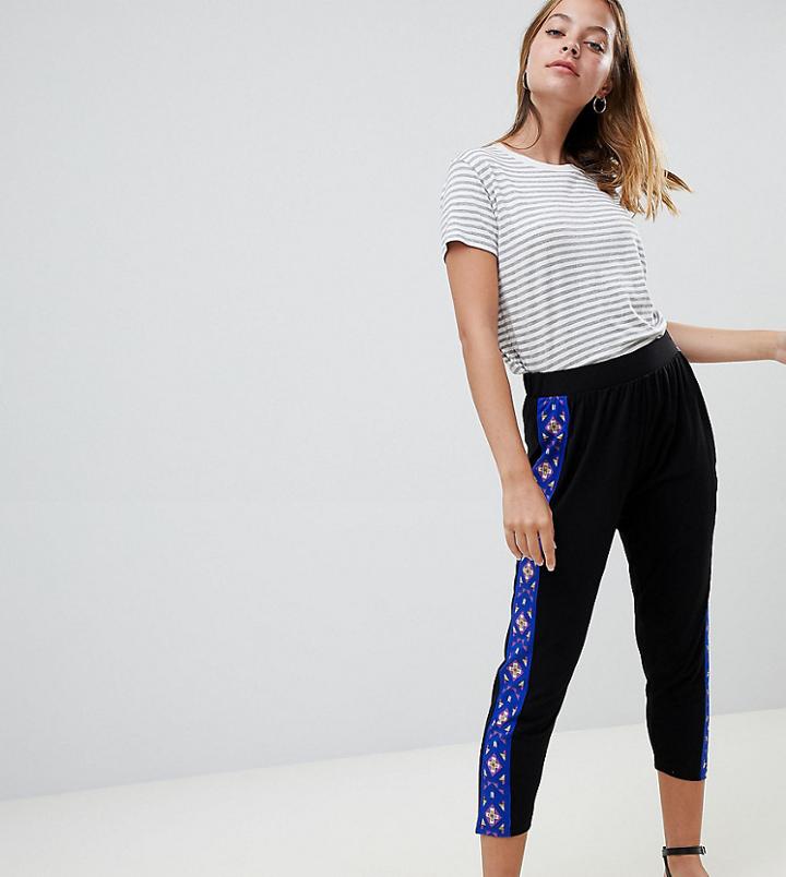 Asos Design Petite Tapered Peg Pants With Geo-tribal Print Side Stripe - Black