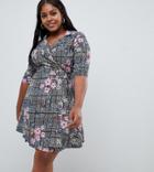 Influence Plus Check And Floral Print Wrap Dress - Gray