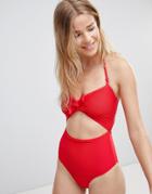 New Look Rib Knot Front Swimsuit - Red