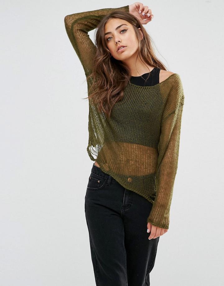 Daisy Street Sheer Knitted Top With Distressing - Khaki