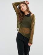 Daisy Street Sheer Knitted Top With Distressing - Khaki
