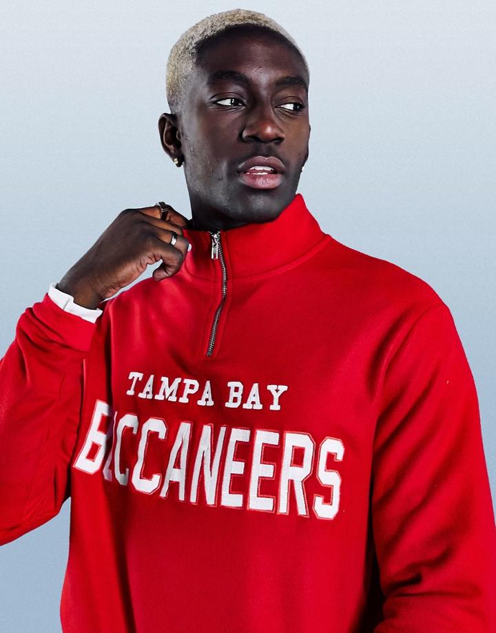 Asos Design Half Zip Fleece Sweatshirt With Tampa Bay Buccaneers Print In Red