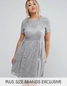 Little Mistress Plus Allover Lace Skater Dress With Cap Sleeve - Gray