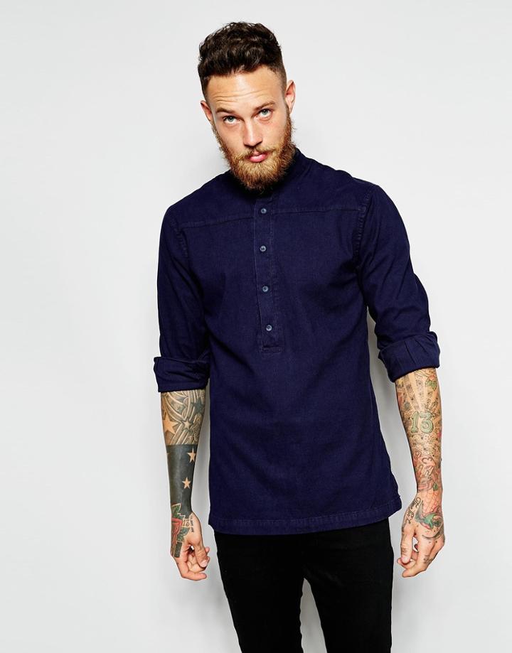 Waven Overhead Shirt Jakob Longline Grandad Overdyed Indigo - Overdyed Indigo