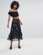 Liquorish Print Midi Skirt With Ruffles - Black