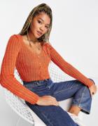 Asos Design V Neck Cardi In Rib In Rust-brown