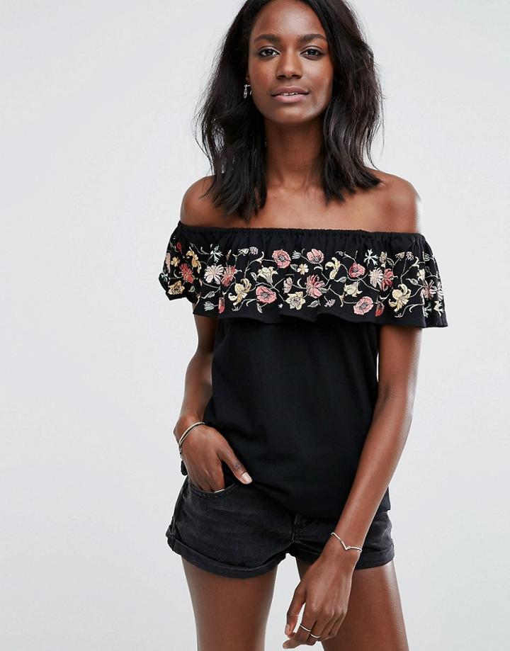 Oasis Embroidered Bardot Top - Black