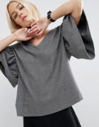 Asos White Reversible Textured Frill Sleeve Top In Herringbone - Gray