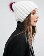 7x Beanie Hat With Contrast Pom Pom - White