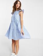 Topshop Tiered Stripe Poplin Mini Dress In Blue-blues