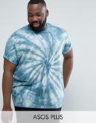 Asos Plus Super Oversized T-shirt With Roll Sleeve And Spiral Tie Dye Wash - Blue