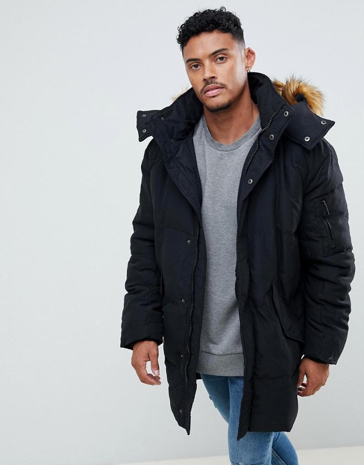River Island Longline Parka Jacket In Black