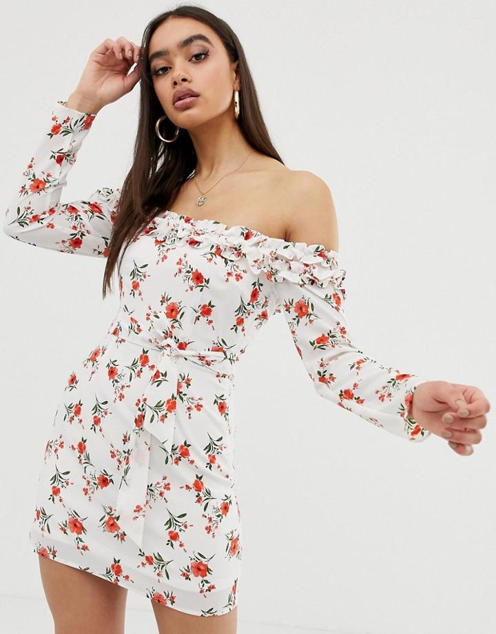 Fashion Union Bardot Mini Dress With Ruffle Detail In Floral - White