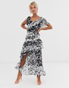 Dark Pink Deconstructed Midi Tea Dress In Black And White Print-multi