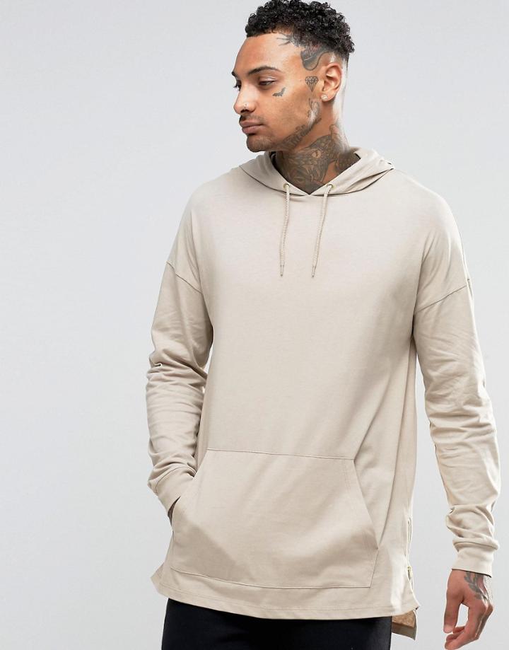 Asos Oversized Long Sleeve T-shirt With Hood And Zips In Beige - Brown