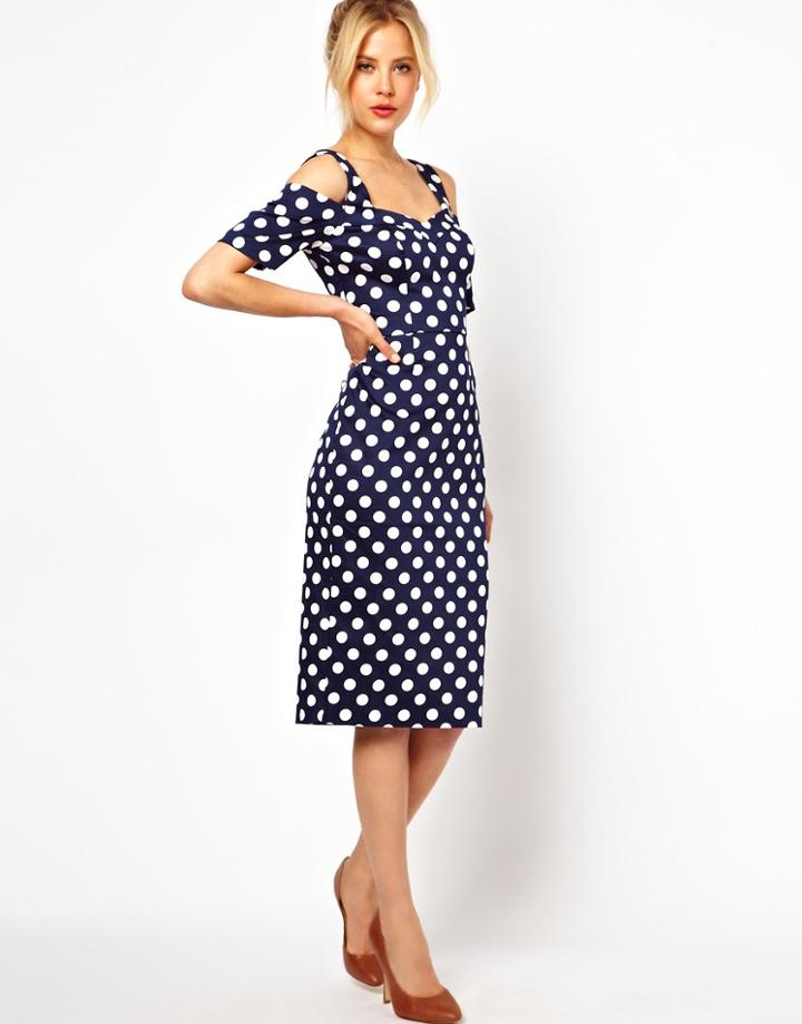 Asos Pencil Dress With Off Shoulder Detail In Spot Print - Multi