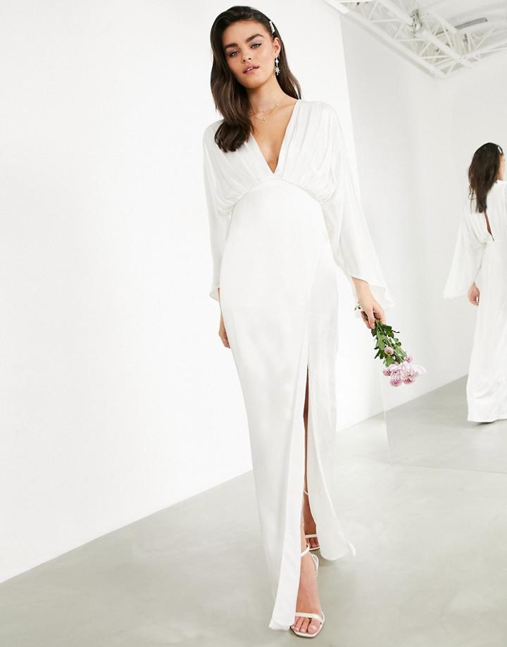 Asos Edition Cari Satin Wrap Wedding Dress With Kimono Sleeve-white